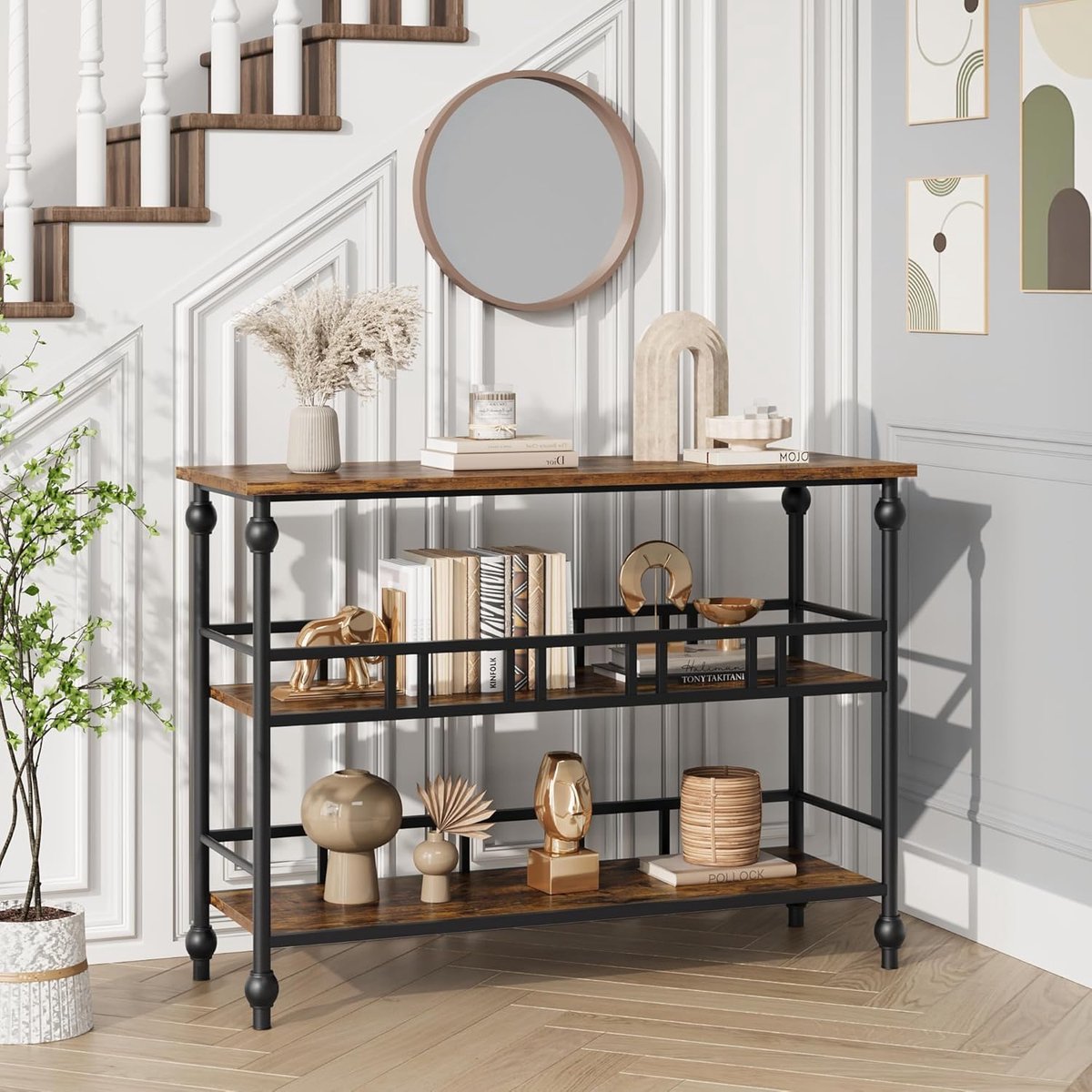 Vintage Sidetable met 3 Lagen - Smalle Console Tafel voor Hal & Gang - Metalen Romeinse Poten - Houtlook / Bruin - 110 x 30 x 80 cm