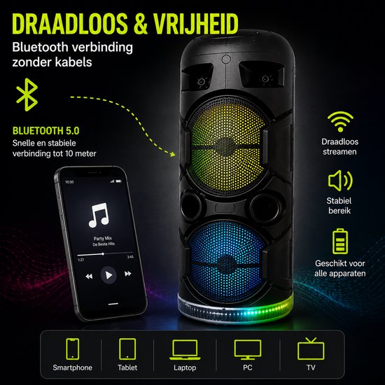 Bluetooth speaker - Party Speaker - Draadloze muziek Box - Speakers - Discolichten - 1200 watt - LED verlichting - Bluetooth - Karaoke - FM radio van Onbekend — afbeelding 3
