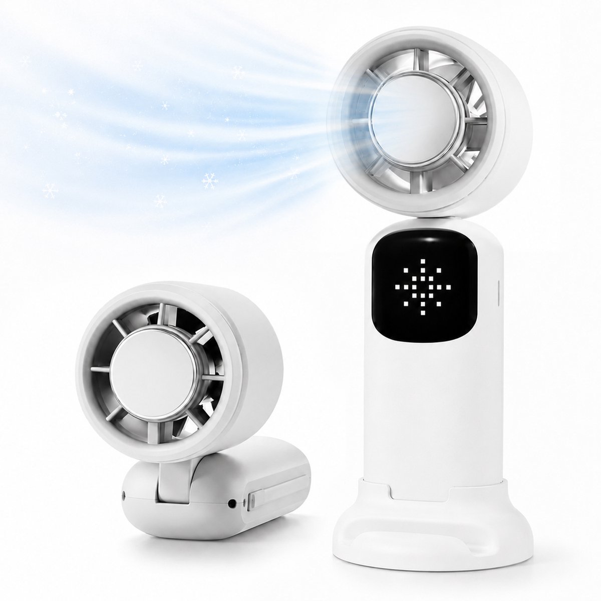 Handventilator met Koelfunctie – Draagbare Ventilator – 4000mAh – Halfgeleider Koeling – AI LED Display – 4 Snelheden – USB-C Oplaadbaar – 3-in-1 Hand-, Nek- & Bureauventilator – Voor Dames & Heren – Wit – 1 Stuk
