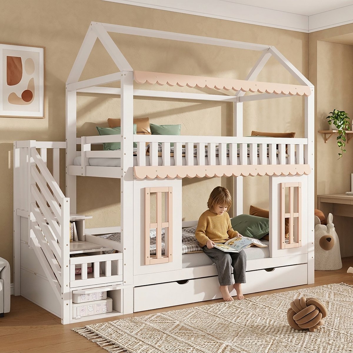 Clruro Stapelbed 90 x 200 cm - Huisdesign met Opbergkast - 2 Laden - Hout en MDF - Wit/Naturel Natuurlijk+wit