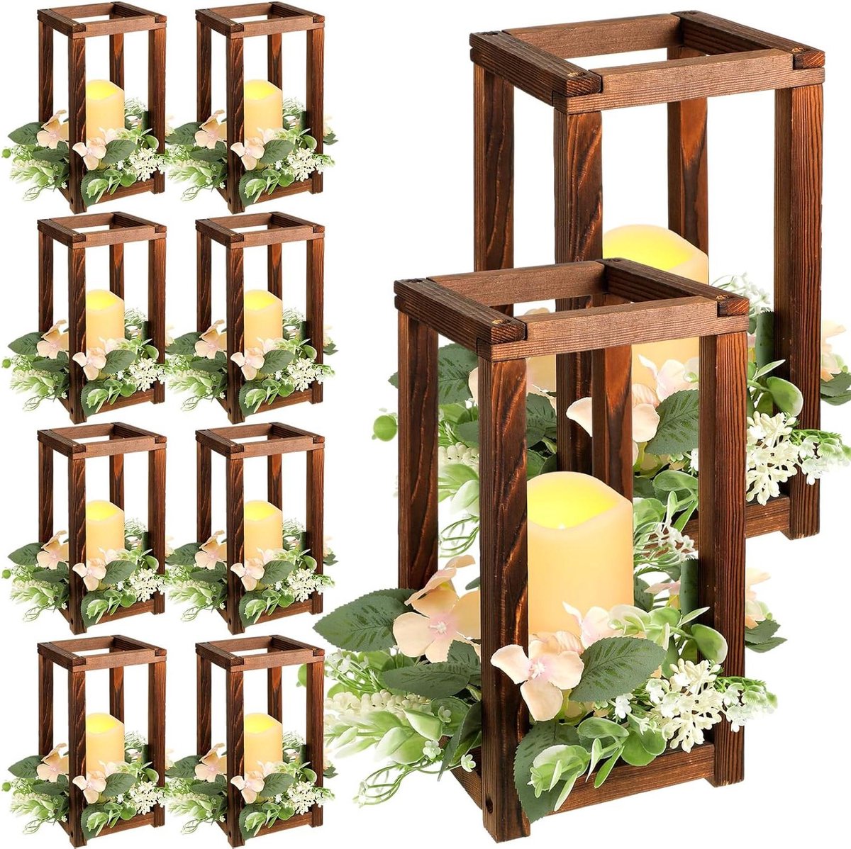 Houten Bruiloft Lantaarns - Decoratieve Kaarshouders - Tafeldecoratie Creëren - Inclusief LED Kaarsen - 10 Stuks Set - Houtkleur