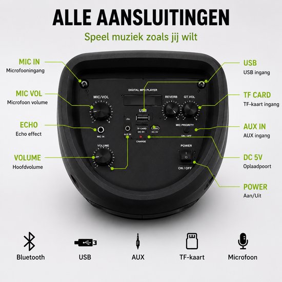 Bluetooth speaker - Party Speaker - Draadloze muziek Box - Speakers - Discolichten - 1200 watt - LED verlichting - Bluetooth - Karaoke - FM radio van Onbekend — afbeelding 2