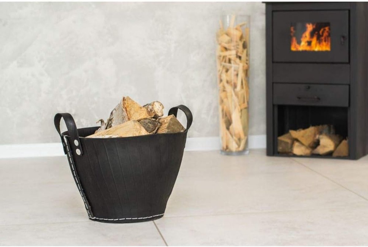 Houten mand - Opbergmand - Haardhout opslag - Gemaakt van gerecycled rubber - 34 cm hoog - Zwart — cadeau in Wonen & Interieur - foto 3