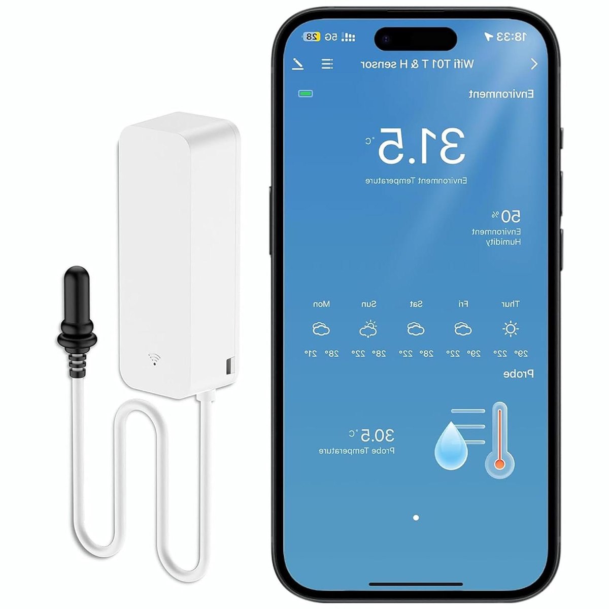 Slimme Thermometer - App Monitor - Temperatuur Bewaken - Dubbele Sensoren - 1 Meter Kabel - Wit