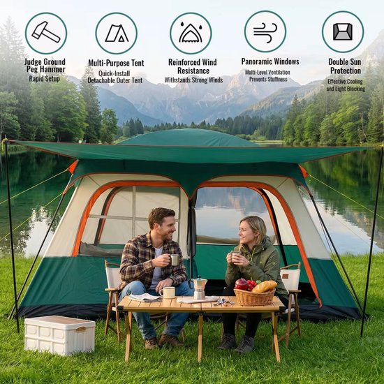 VIEMAE Tent - Kampeertent - Familietent - Tent 4 personen - Inclusief opbergtas, luifel & accessoires - 320x210x180cm - Groen — afbeelding 4