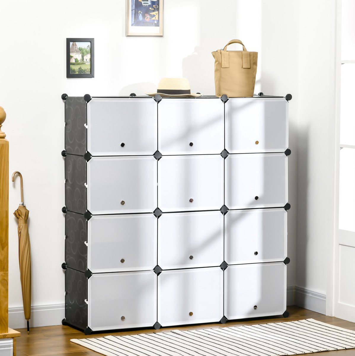 MEUNIQ Schoenenkast 12 vaks 125 x 32 x 125 cm modulair staand rek met deuren en ventilatieopeningen voor hal of slaapkamer kunststof en metaal zwart wit