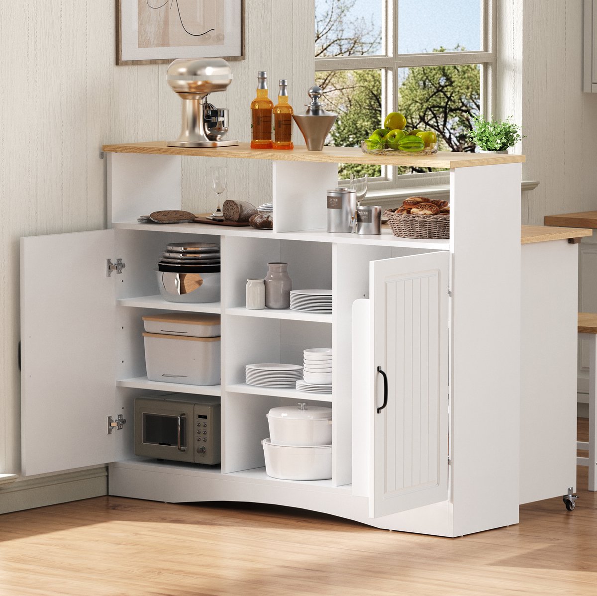 DESMIU Keukenkast - Uitklapbaar Keukeneiland Met Opbergruimte En 2 Krukken - Rolbaar Voor Keuken En Eetkamer - MDF - 110x34-68x97,5 Cm - Wit