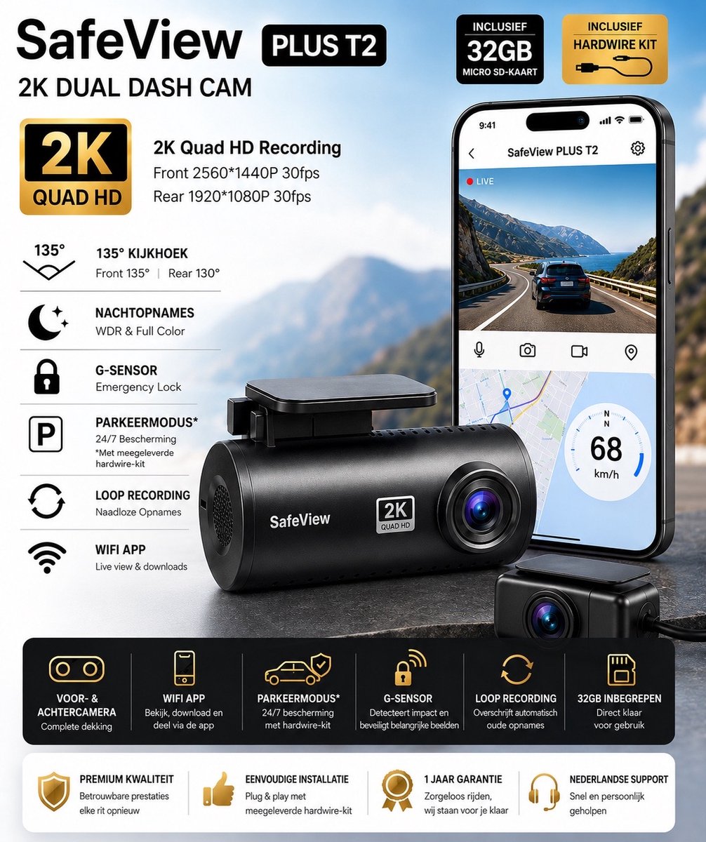 SafeView T2 Dashcam voor Auto | 2K Quad HD | Voor- & Achtercamera | WiFi | 32GB Micro SD-kaart Inclusief | Parkeermodus | Botsingsdetectie | Nachtzicht