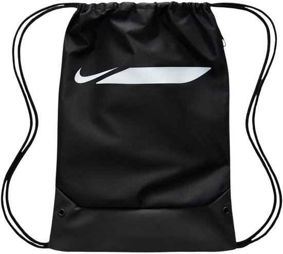 Zwarte sporttas met een witte Nike swoosh en zwarte bodem.