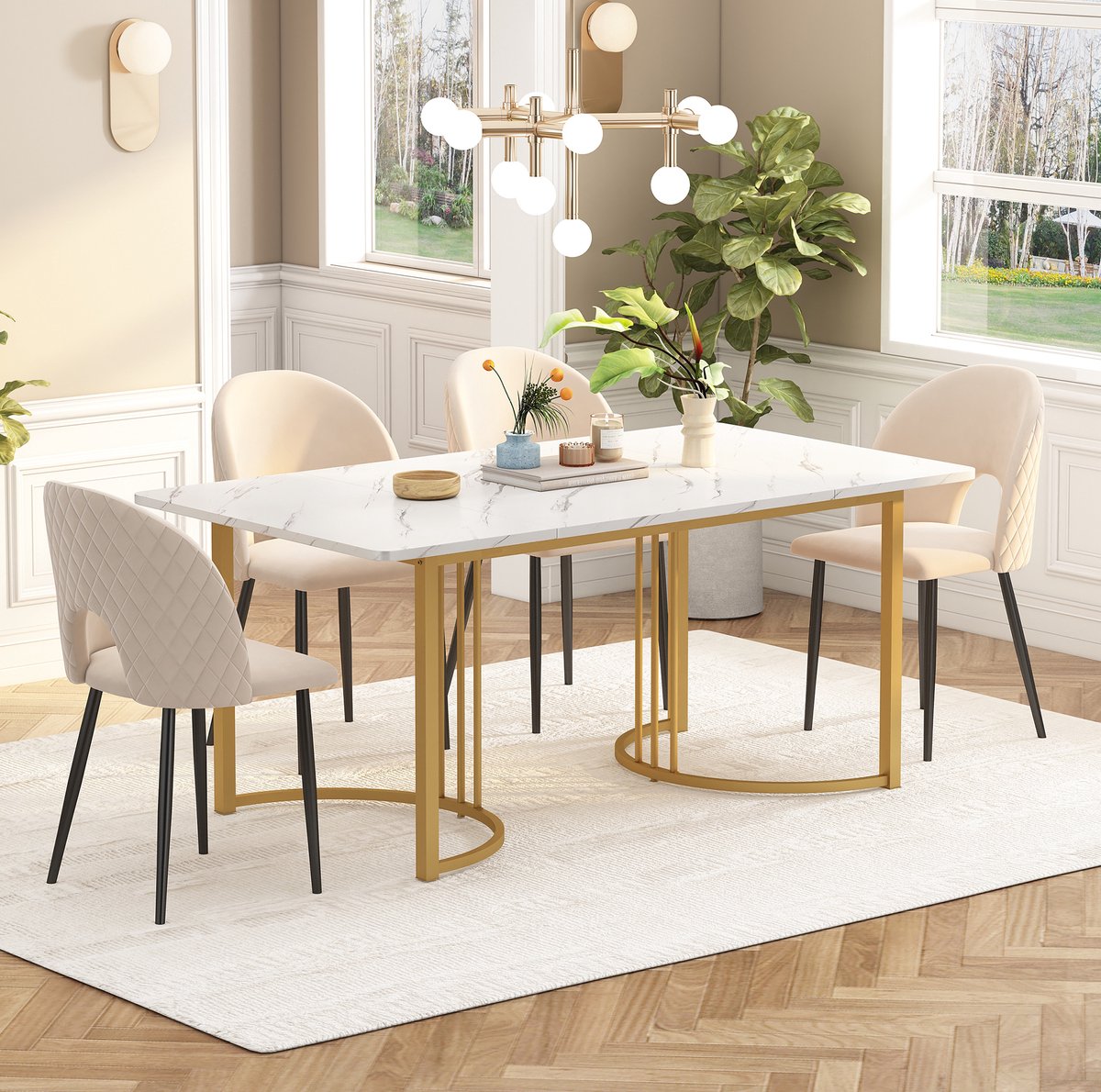 MIVRAY Eettafel - Rechthoekige Tafel Met Marmerlook En Verstelbare Voeten - Voor Keuken En Eetkamer - MDF En Metaal - 140x80x75 Cm - Wit Goud
