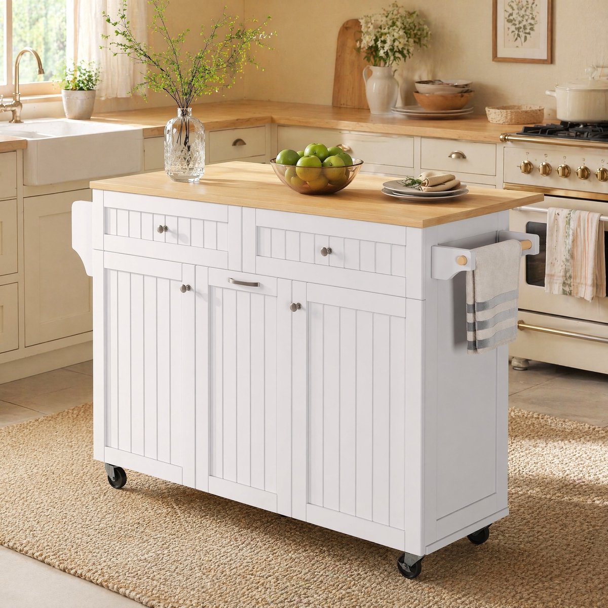 DESMIU Keukenkast - Uitschuifbaar Werkblad Met Wielen En Laden - Voor Keuken En Eethoek - MDF - 140x40-70x92 Cm - Wit Naturel