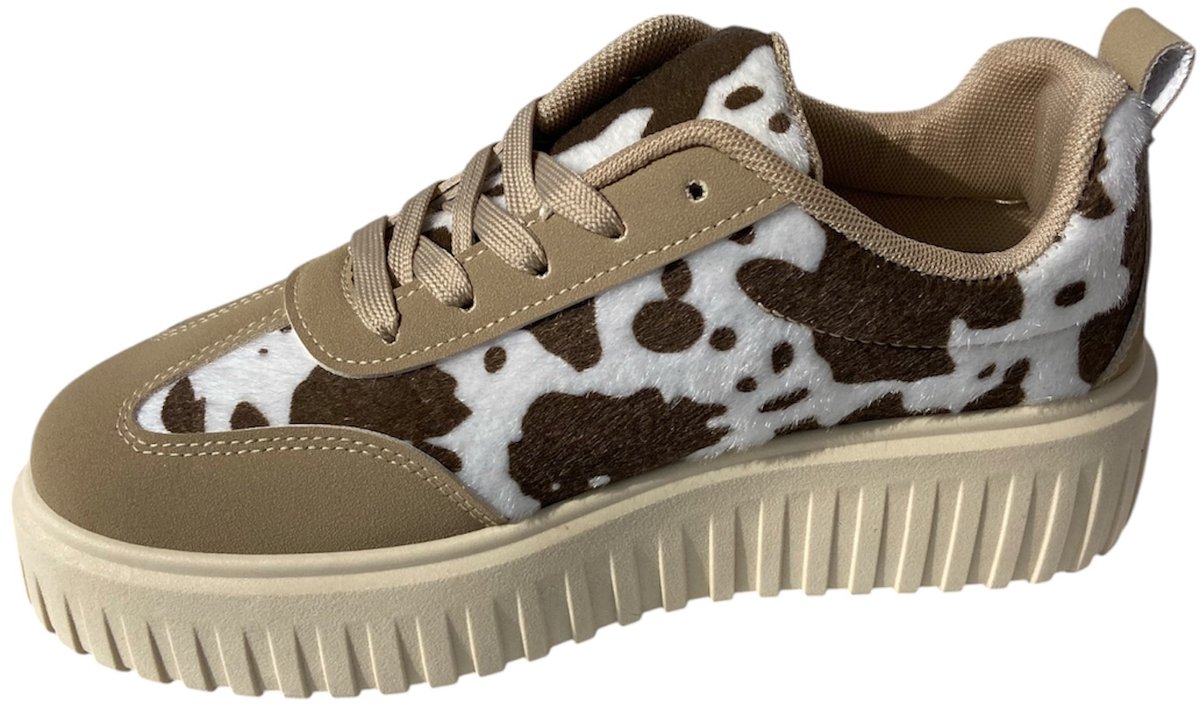 Dames Plateau Sneakers - Beige Koeienprint - Maat 38