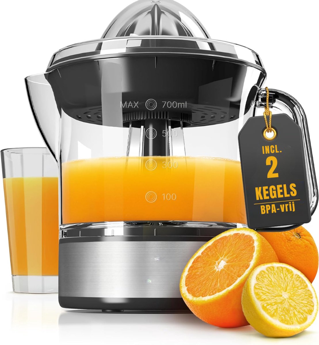 KIRA® Citruspers Electrisch - Citruspers - Instelbaar Pulpfilter - Zwart en Zilver - 13cm x 15cm x 20cm