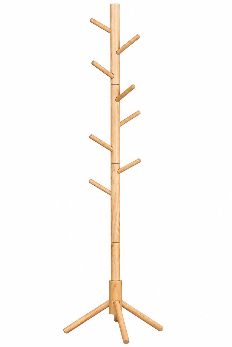 Massief Houten Vrijstaande Kapstok - Boomvorm Design - 8 Haken - Garderobestandaard Voor Jassen Hoeden En Tassen - Houten Kapstok Voor Hal Entree Slaapkamer En Woonkamer - Natuurlijke Kleur