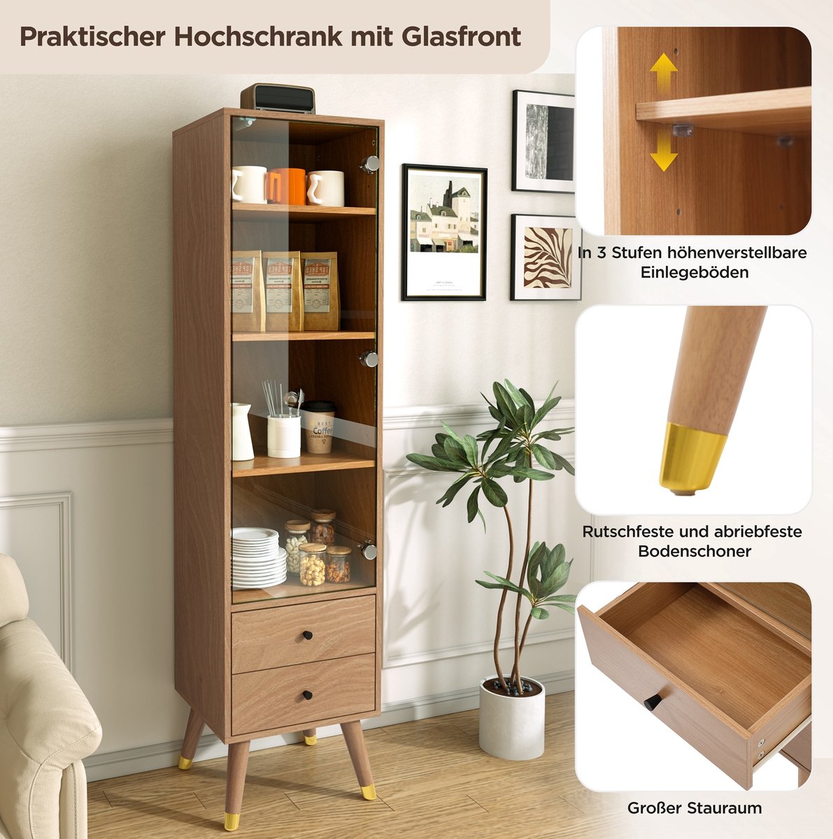 Vitrinekast Met Glazen Deur - Verstelbare Planken En 2 Lades - Houtlook Voor Woonkamer, Badkamer, Kantoor En Hal - MDF - 160x39,8x35 Cm - Wood