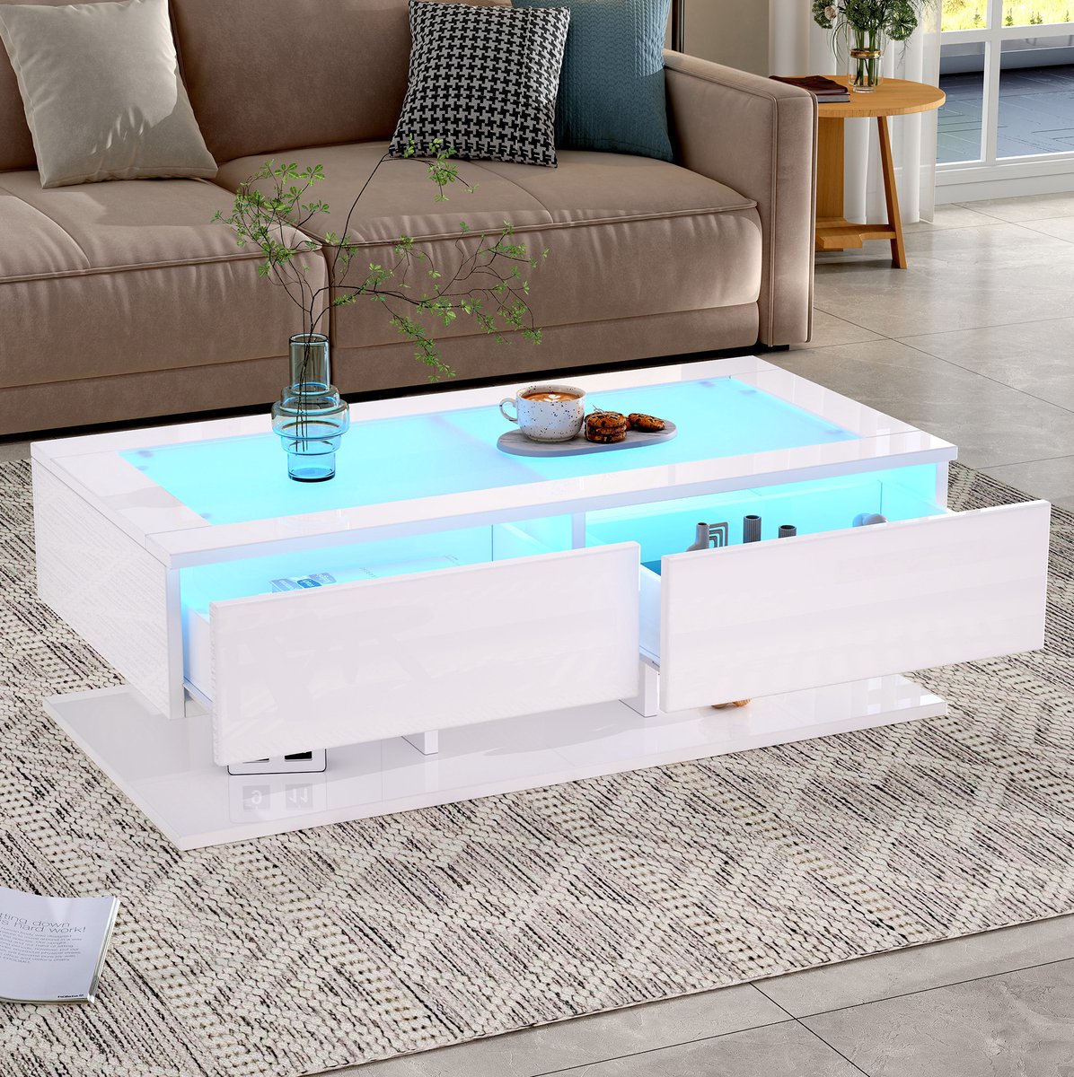 HAUSS SPOLE Salontafel - Hoogglans Wit Met LED En 2 Lades - Moderne Koffietafel Voor Woonkamer - Spaanplaat En Gehard Glas - 100x50x35 Cm