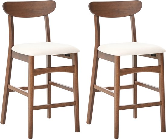 Ensemble de deux tabourets de bar marron avec coussins d'assise beige clair.