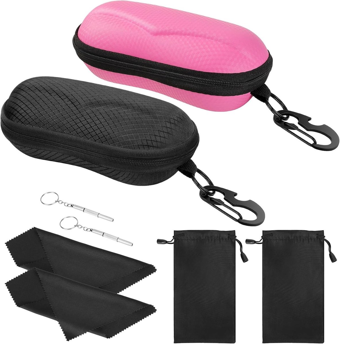 Unisex Beschermende Zonnebril Etui met Metaal Haak en Mini Schroevendraaier, Ideaal voor Reizen en Dagelijks Gebruik, Zwart en Roze