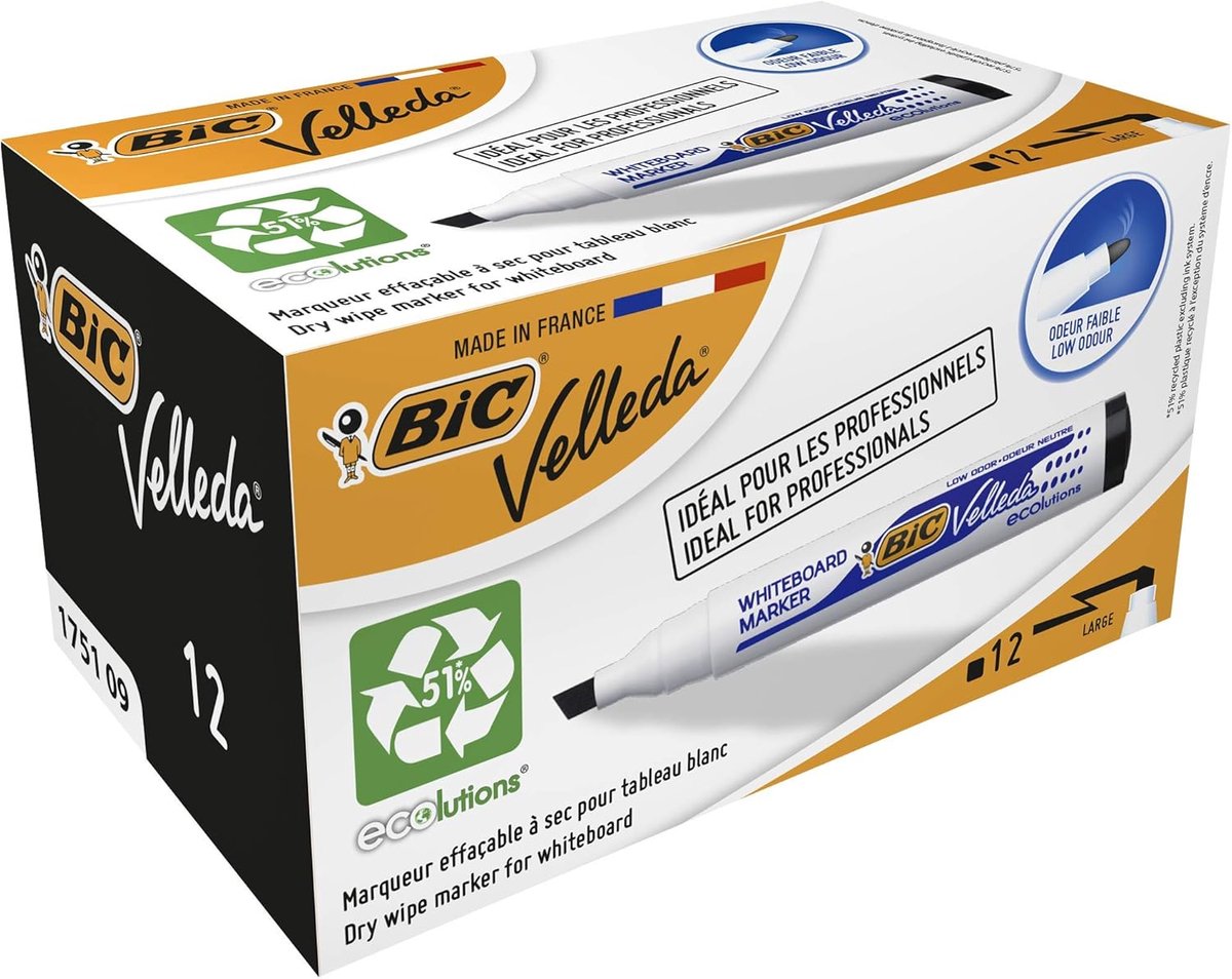 Thijox - Eco Viltstiften voor Whiteboard Medium Schuine Punt - Zwart, Doos van 12 Stuks - Droog uitwisbaar, Gerecycled, Geschikt voor School, Kantoor,