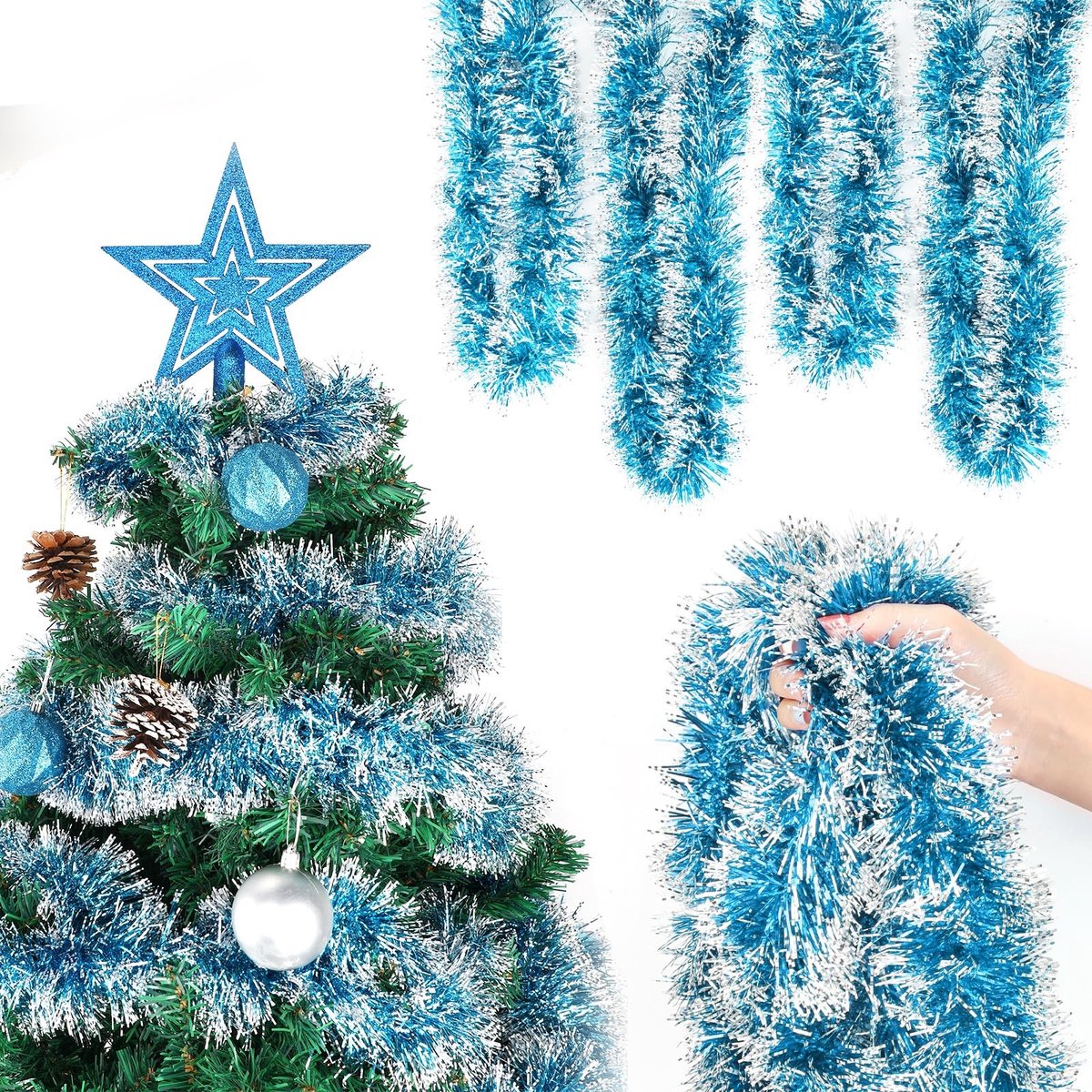 Dailygoods- Kerstslinger 6 stuks - 2 meter - Blauw/Zilver - PVC - Kerstdecoraties - Duurzaam - Flexibele binnendraad - Kerstdecoratie