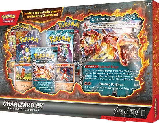 Pokémon Trading Card Game Charizard EX Special Collection box met vuur en explosies. Bevat kaarten van Charmander, Charmeleon en Charizard EX.