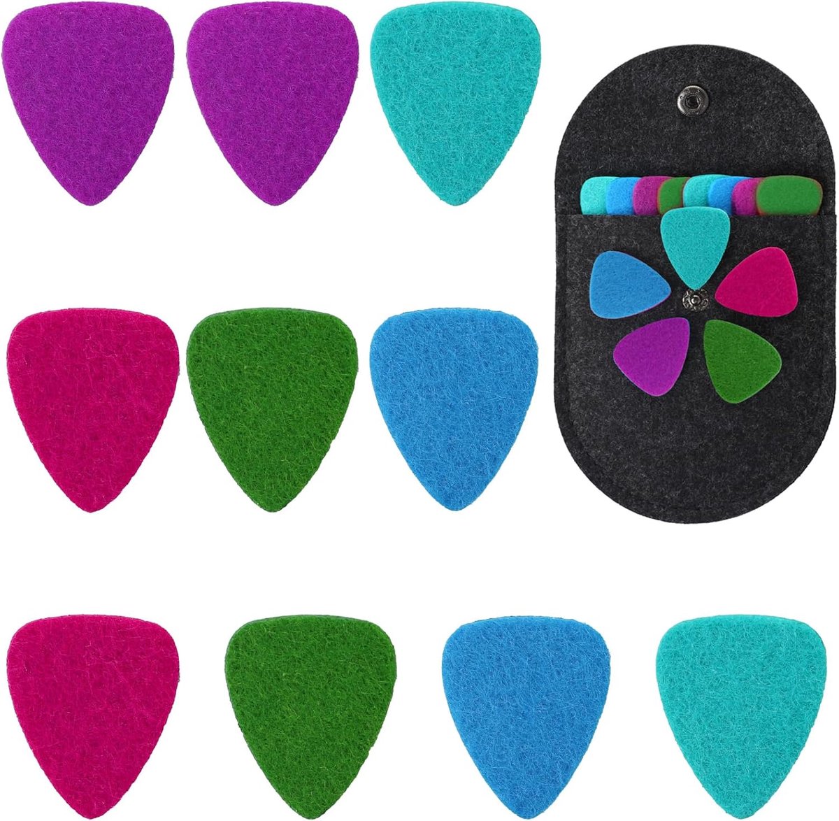 Thijox - 10 Stuks Vilt Plectrums voor Ukelele en Gitaar - Zachte, Kleurrijke Plectrums met Tas, Perfect voor Akoestische en Elektrische Gitaren, Compa
