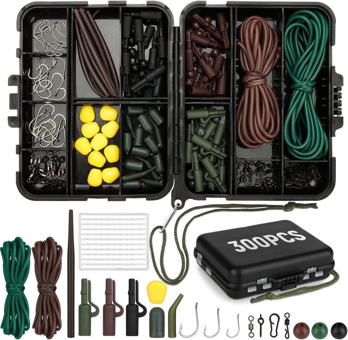 SnelShoppen - 300 Stuks Visaccessoires Karper Set - Vishaken, Anti-Klit Hulzen, Diverse Viswartels, Karper Hair Rigs, Visharing Kralen, Rubber Stopper