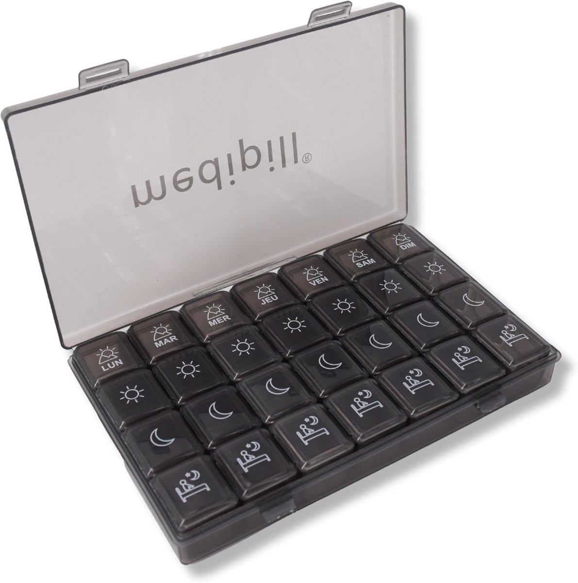 Thijox - Tablettenbox Wekelijkse Planner Frans - 28 Vakken - Medicijnbox met 7 Dagen en 4 Inkomsten - Ideaal voor Ochtend, Middag en Avond - Zwart