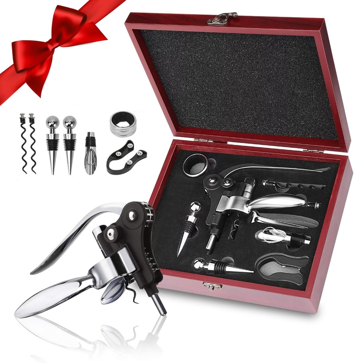SnelShoppen - Corkscrew Wijnset 8 Delen - Handmatige Wijnopener, Sommelier Set, RVS Wijnaccessoires met Houten Koffer - Perfect voor Feesten, Kerst en
