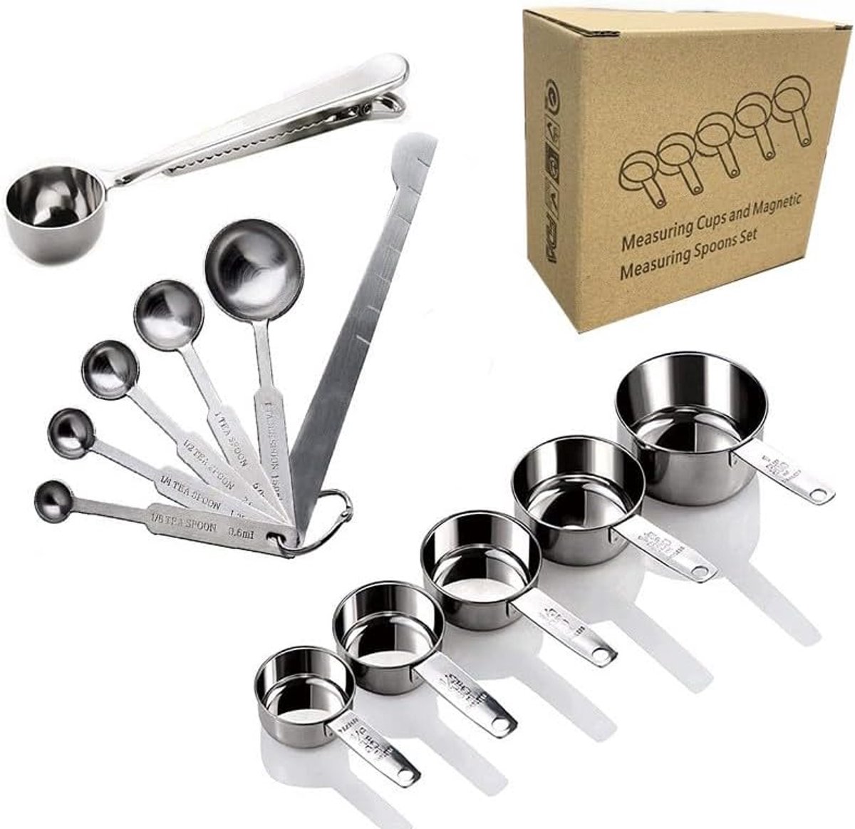 Thijox - Maatlepelset 12-delig Roestvrij Staal met Klemmen - Maatlepels en Maatbekers voor Droge en Vloeibare Ingrediënten - Perfect voor Keuken, Bakk