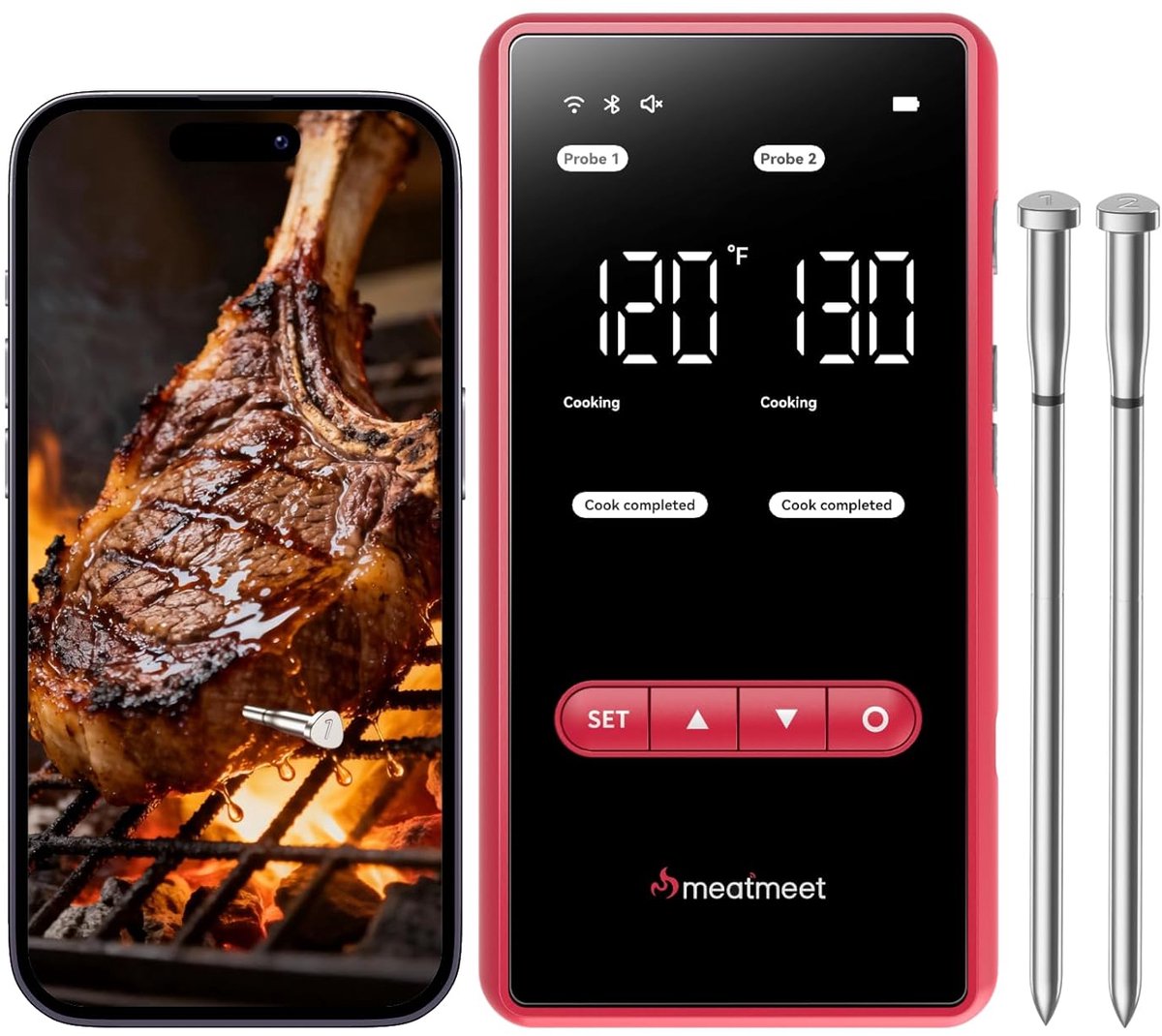Thijox - Draadloze Vleesthermometer met 2 Sondes, Wi-Fi & Bluetooth, LED-display, IP69 Waterdicht voor Barbecues, Ovens en Rookovens - Perfect voor Tu