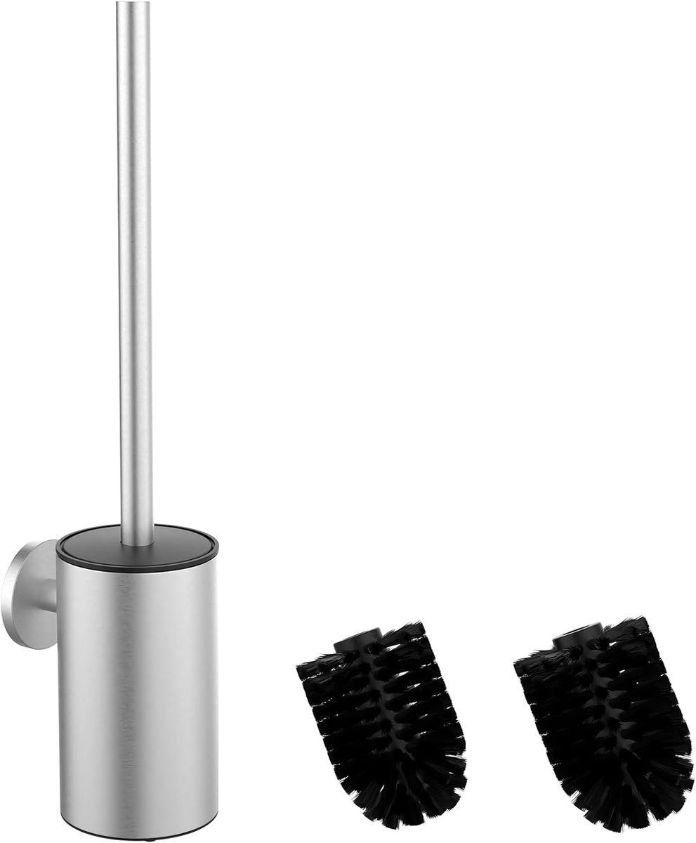 SnelShoppen - Toiletborstel Set van 304 RVS met Wandmontage, Inclusief 2 Borstelkoppen, Modern Design, Corrosiebestendig, Compact voor Badkamer, Rond