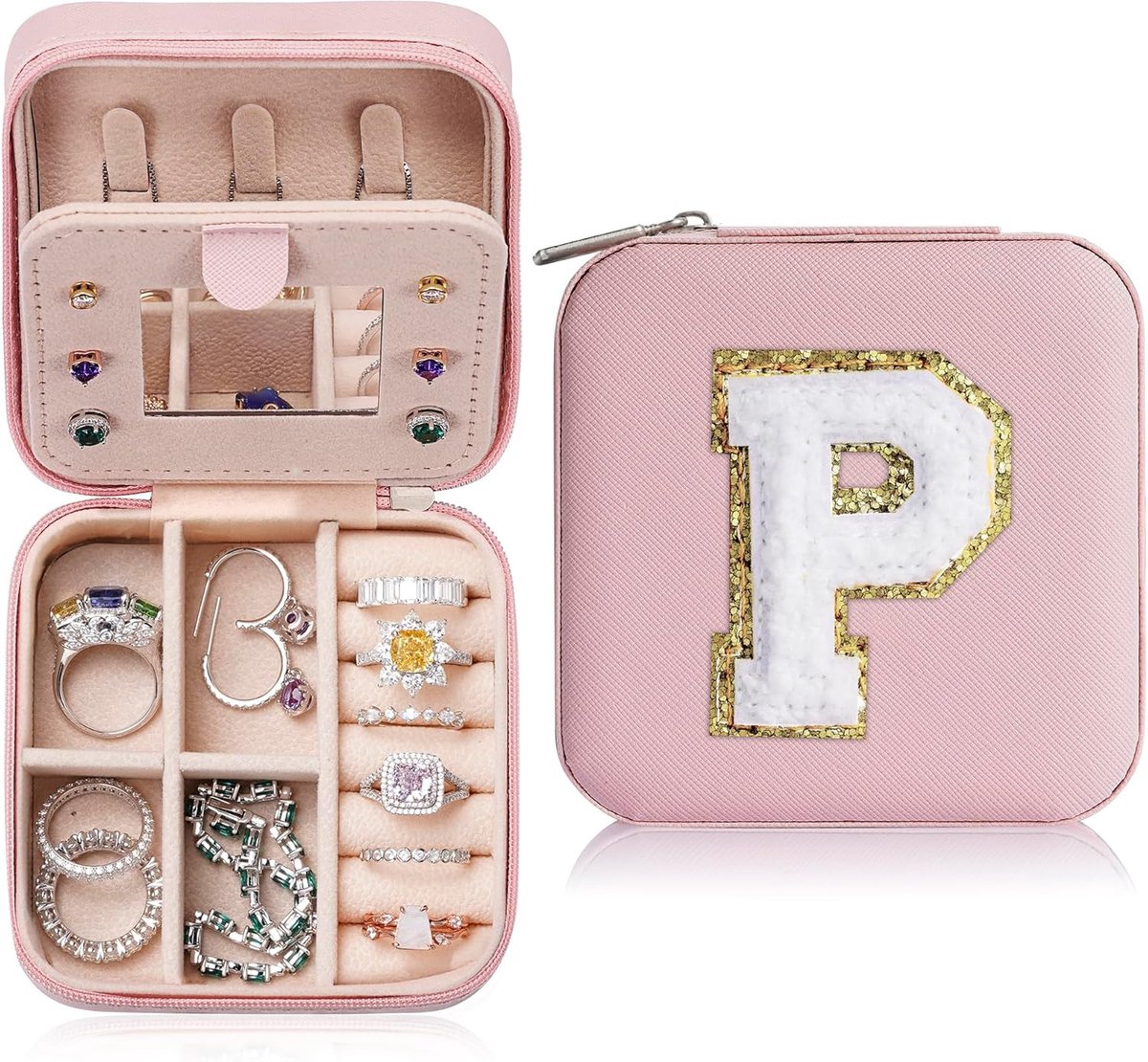 Thijox - TINGN P Initial Reissieraden Koffer - Roze Sieradendoos voor Vrouwen en Meisjes - Kleine Organizer voor Accessoires - Perfect voor Reizen en