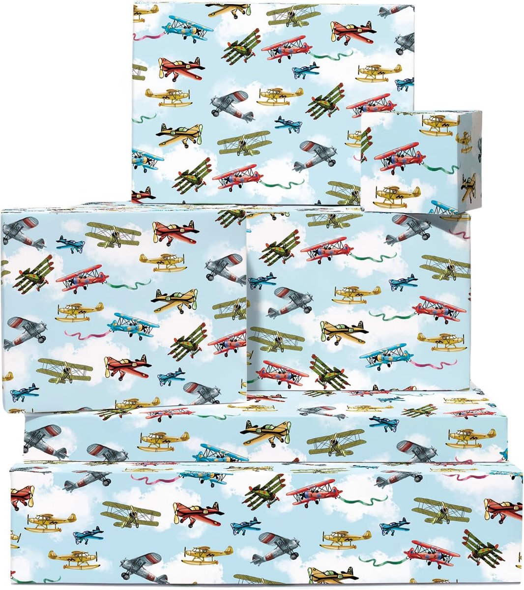 Thijox - Inpakpapier voor Kinderen, 6 Vellen Cadeauverpakking met Vintage Vliegtuig Motief, Inclusief Labels en Stickers, Recyclebaar Cadeaupapier voo