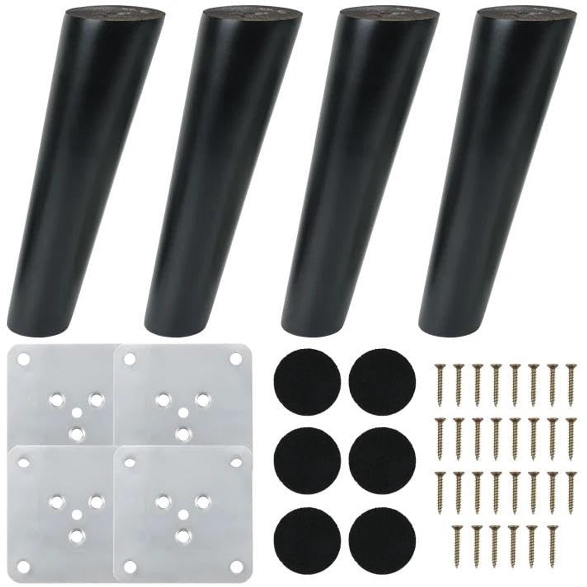 Dailygoods - 4 stuks houten meubelpoten, zwart, poten voor meubels, 15 cm, met montageplaat, schroeven, anti-slip pad, reservepoten voor kast, bank, bed, commode