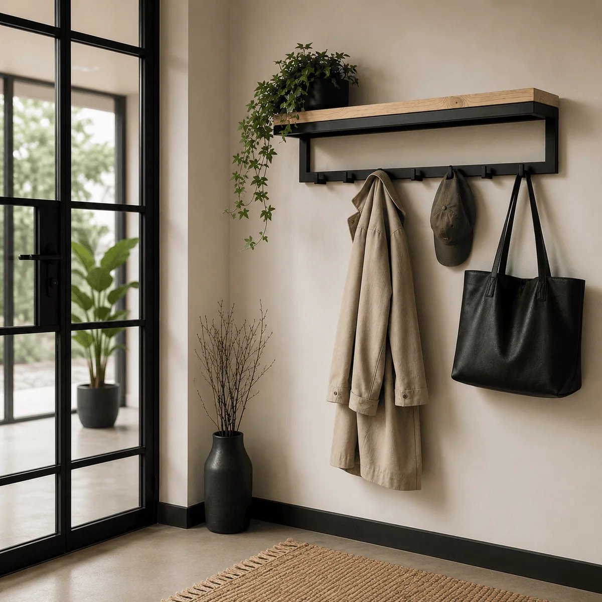 Milton kapstok met plank – 11 haken – 110 × 25 × 18 cm – hout en staal – Wibema