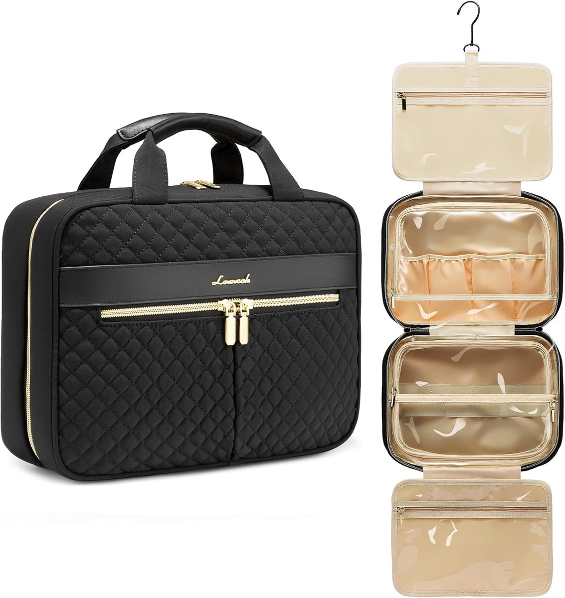 Thijox - LoveVook Toilettas Dames - Grote Waterdichte Reis- en Make-up Tas - Op te Hangen - Zwart - Compact en Ruimtebesparend (34 x 23,8 x 9,9 cm)