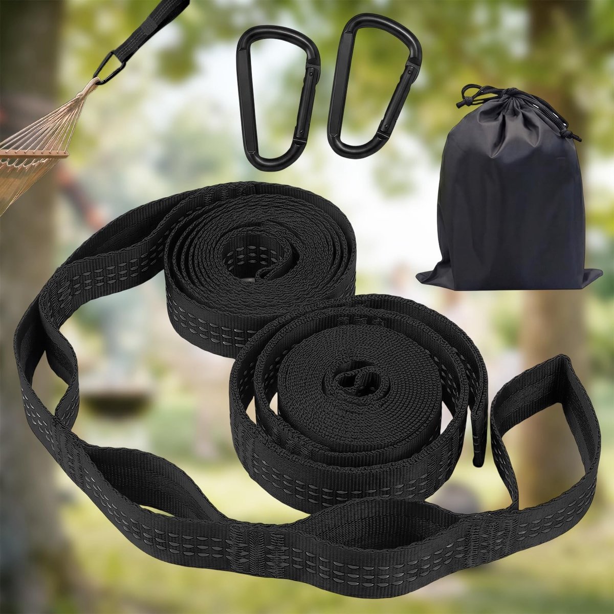 Dailygoods- Hangmatbevestigingen Set van 2 - Zwarte Ophangriemen - 500 kg Draagkracht - Haakgespen - Opbergtas - Staafhangmat - Hangmat