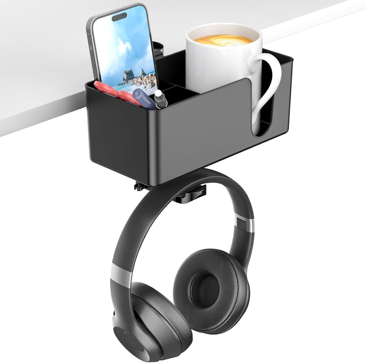Dailygoods - KDD 4-in-1 bureau-organizer - Hoofdtelefoonhaak voor onder het bureau met 2 draadgaten - roterende hoofdtelefoonhanger en afneembare bureauopslag voor beker, telefoon en pen