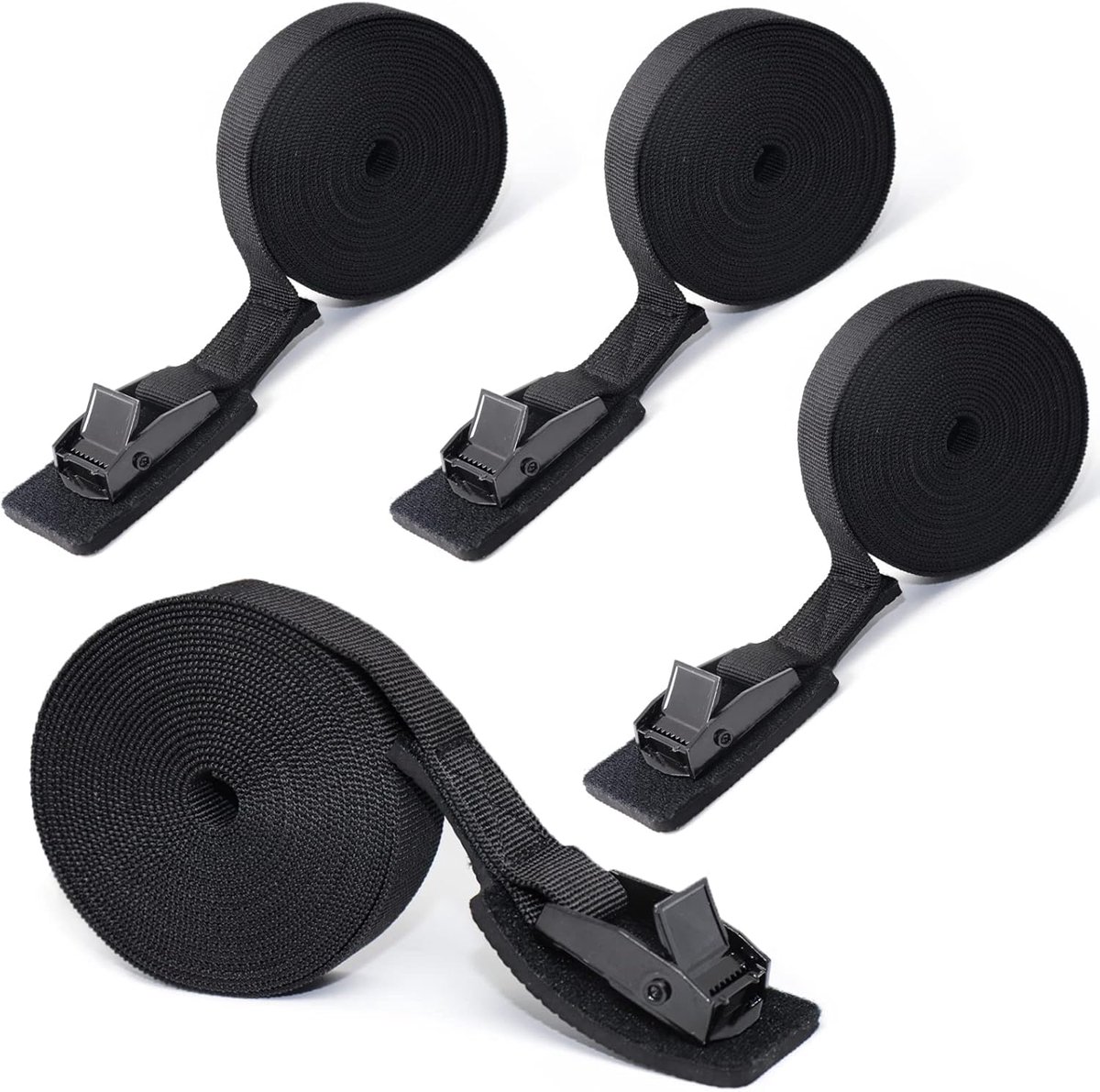 Thijox - Spanbanden met Klemsluiting en Bekleding, Sjorbandenset 4 Stuks, Verstelbaar, Zwart, 2,5 cm x 3,5 m, Bevestigingsriemen voor Fiets, Motorfiet
