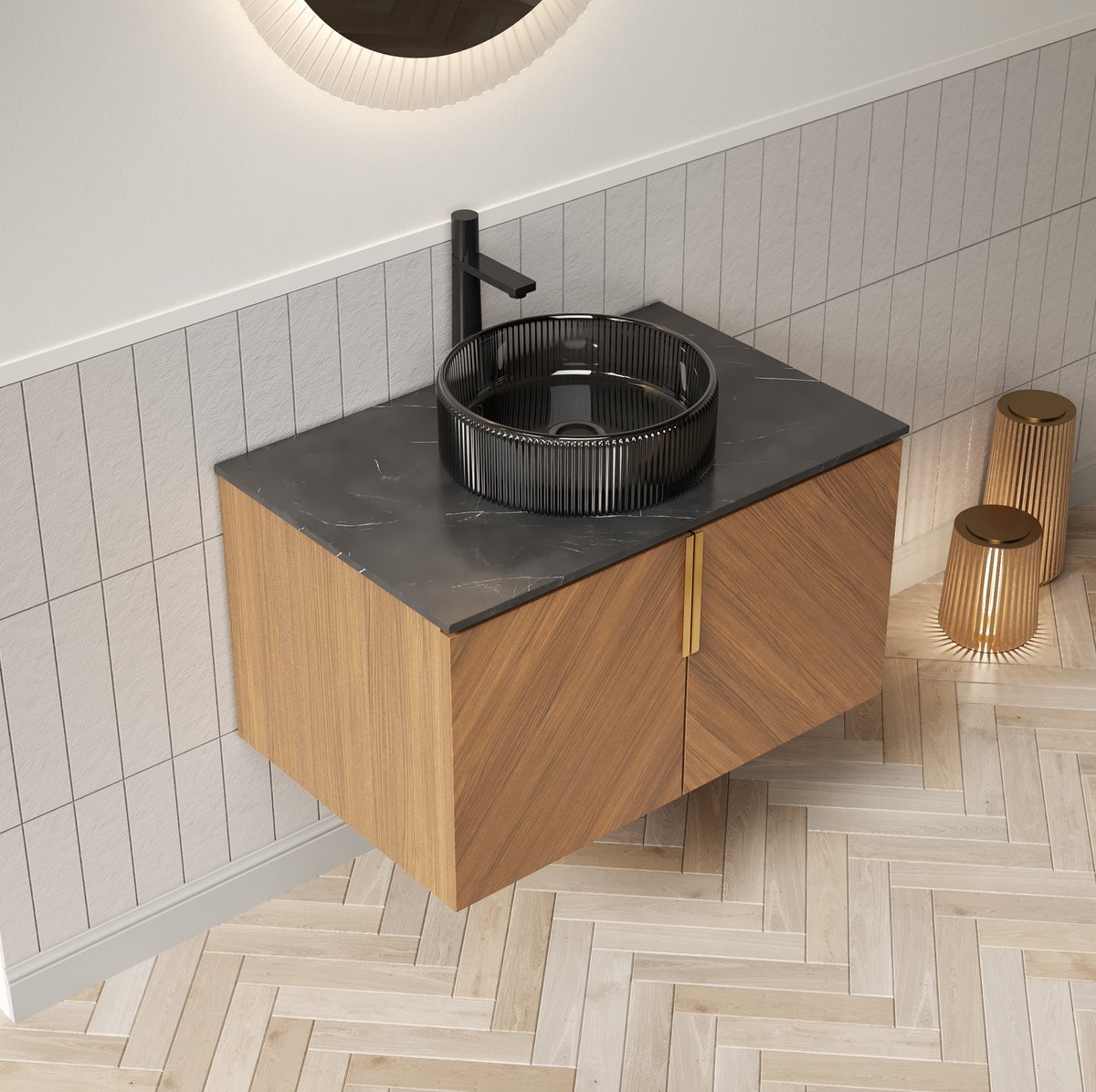 HAUSS SPOLE Badkamermeubel - Wandhangend Met Ronde Glazen Waskom En 2 Deuren - Voor Moderne Badkamer - Sintersteen En Multiplex - 76 Cm - Zwart Bruin Eiken