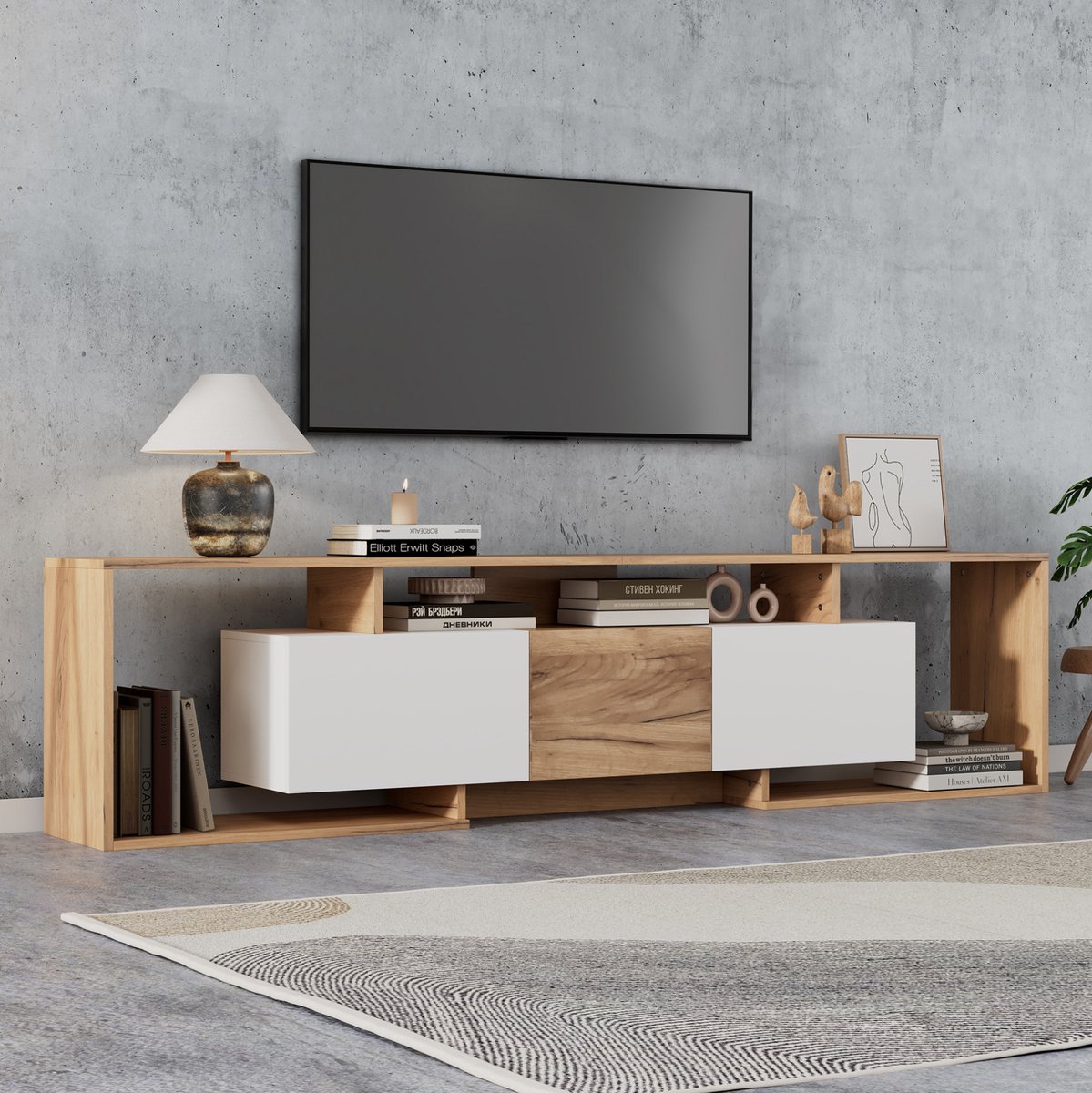 MIVRAY TV-Meubel - Lowboard Met 2 Klepdeuren En 1 Draaideur - Voor Woonkamer En Eethooek - Spaanplaat Wit En Naturel - 180x30x49 Cm