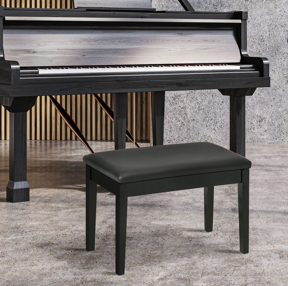 MEUNIQ Pianobank 75 x 35 x 49 cm met kunstleren zitkussen, houten frame, opbergruimte en verstelbare hoogte, zwart, voor piano, studio en thuis