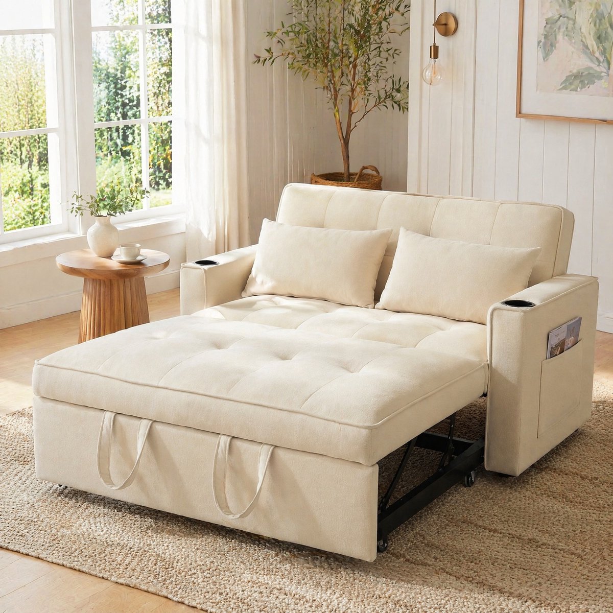 HAUSS SPOLE Slaapbank - Multifunctionele Bedbank - Met 3 Standen Rugleuning, Bekerhouders En Kussens - Voor Woonkamer En Heimbioscoop - Velvet Beige
