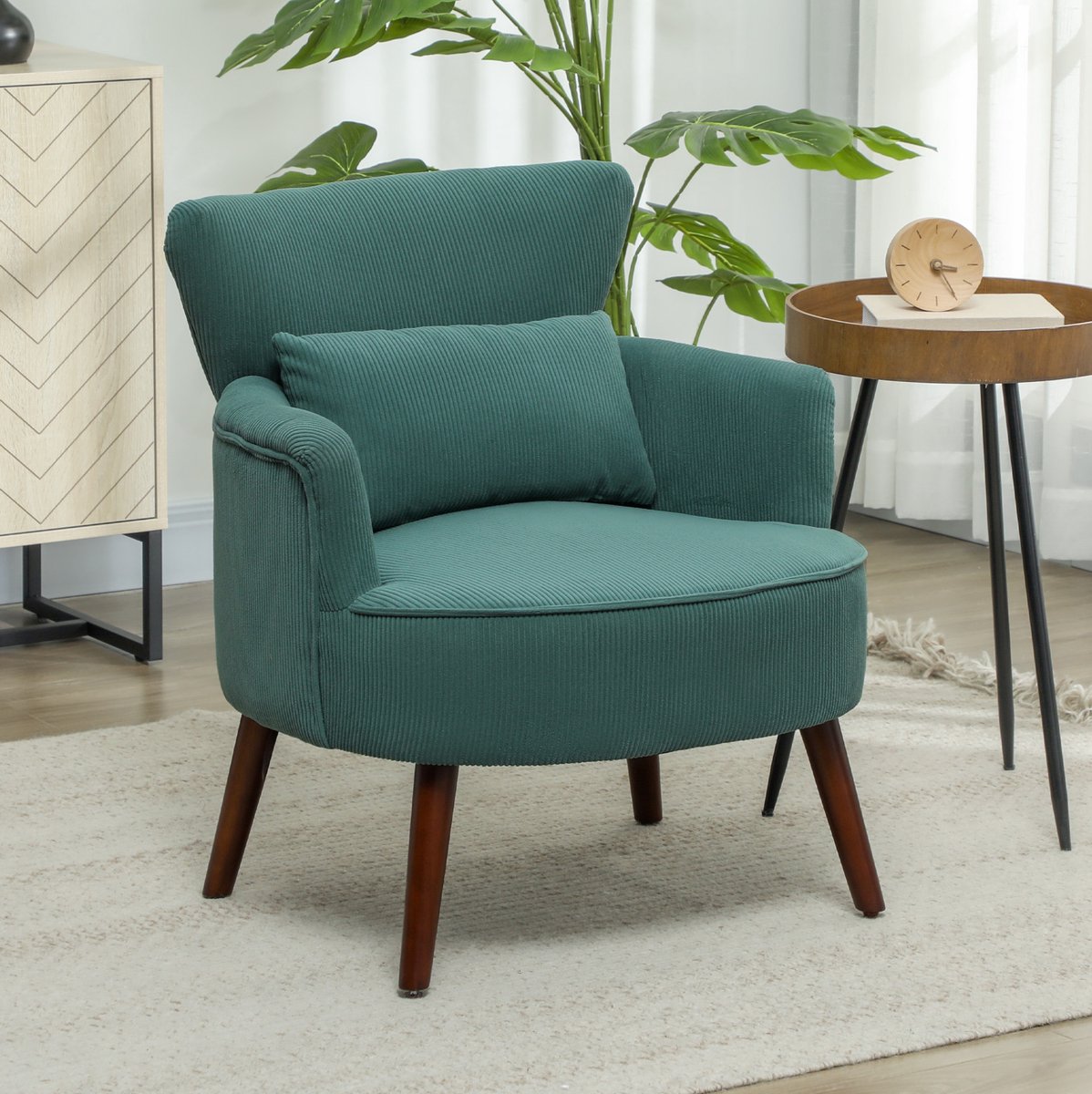MEUNIQ fauteuil 69 x 69,5 x 78 cm met armleuningen, hoge rugleuning, gewatteerde zitting, houten poten en wasbaar lendekussen voor woonkamer of slaapkamer donkergroen