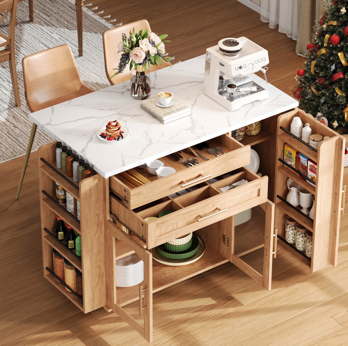 DESMIU Keukenkast - Mobiele Keukeninsel Met Klapbaar Werkblad En 5 Wielen - Opbergruimte Voor Keuken En Eethoek - MDF - 120x45 70x90 Cm - Naturel