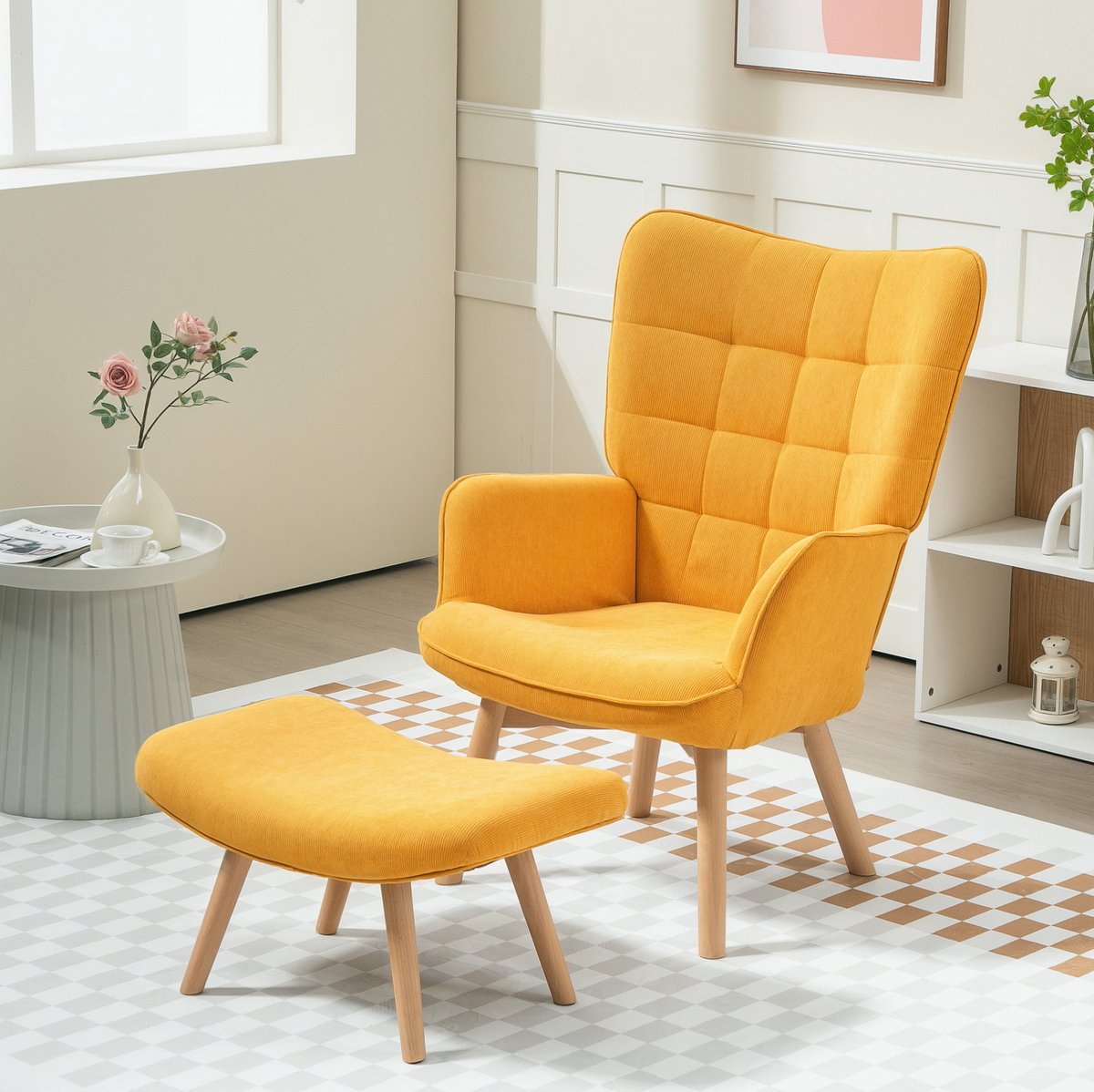 MEUNIQ fauteuil met hocker 72 x 80 x 101 cm, gestoffeerde relaxfauteuil met armleuningen, houten poten en stalen frame, voor woonkamer, oranje