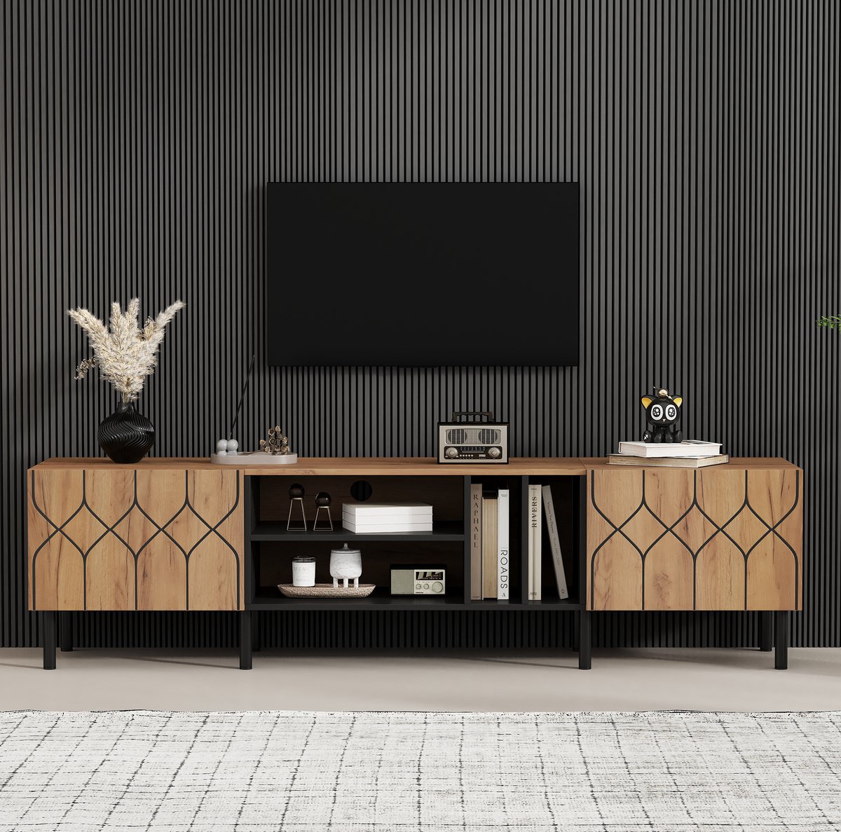 MIVRAY Dressoir - Tv Meubel Met 2 Deuren En 4 Open Vakken - Voor Woonkamer En Slaapkamer - MDF En Spaanplaat - 180x40x50 Cm