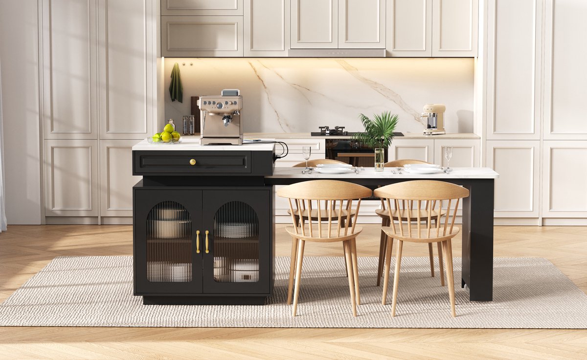 DESMIU Eettafel - Uitschuifbaar Keukeneiland Met LED En Oplaadfunctie - Voor Keuken En Eethoek - MDF En Glas - 128-200x71x92 Cm - Zwart