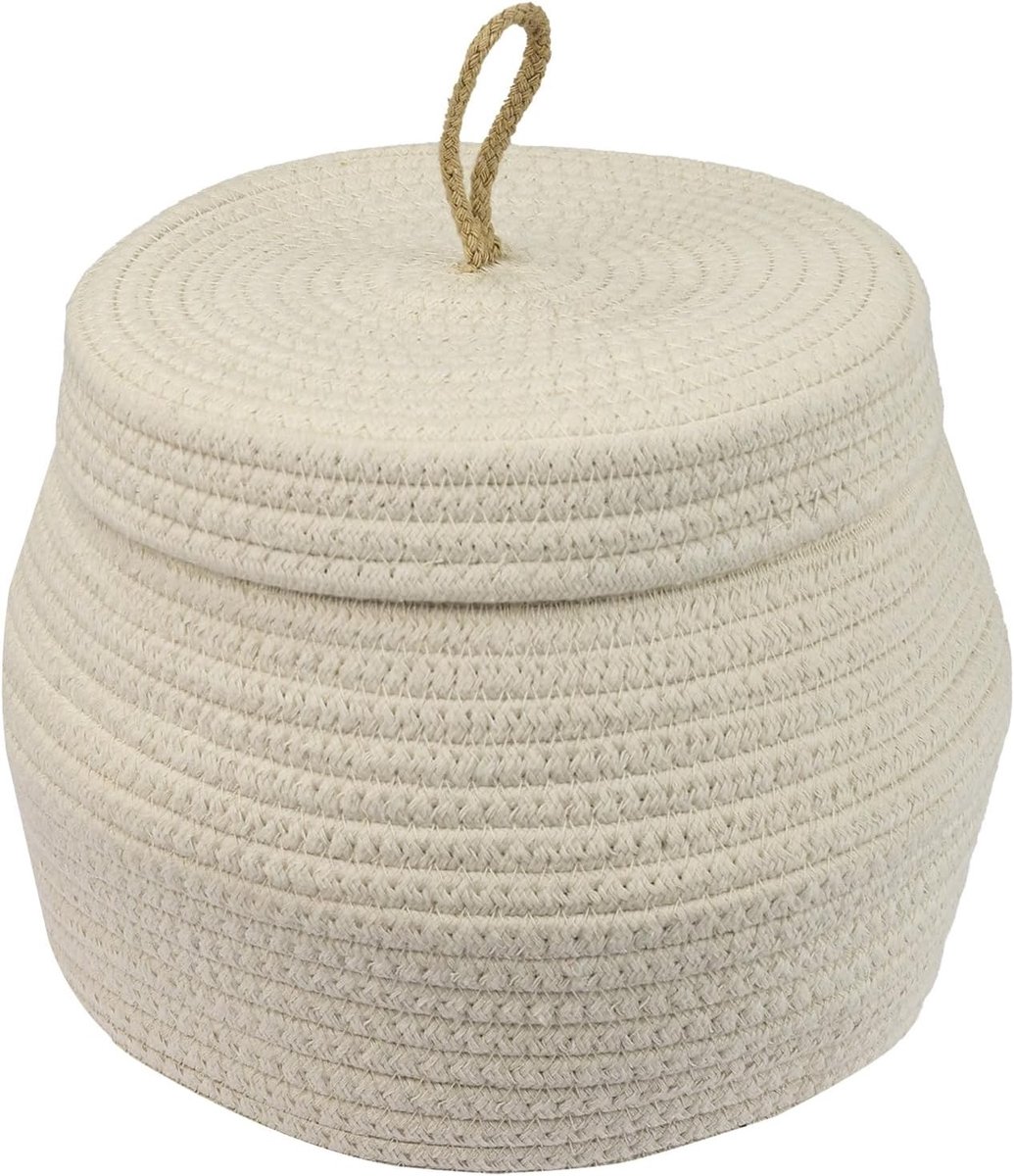 Ronde Badkamer Opbergmand met Deksel van Katoen - Hoogte 25,5 cm, Diameter 19 cm, Crème Kleur, Ideaal voor Organisatie en Decoratie